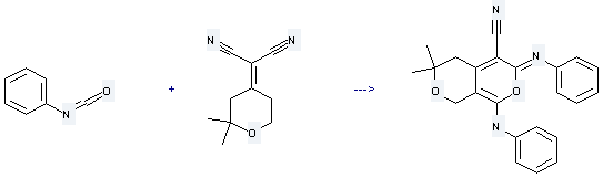 Phenyl isocyanate is used to produce 1-anilino-5,6-dihydro-6,6-dimethyl-3-phenylimino-4-cyano-8H-pyrano[3,4-c]pyran by reaction with (2,2-dimethyl-tetrahydro-pyran-4-ylidene)-malononitrile.